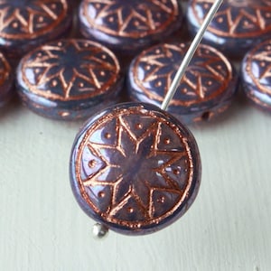 Star Of Ishtar Beads -  Czech Glass Beads - Czech Glass - 13mm Coin Beads - Purple Opal Iris with Copper Wash - 6 beads
