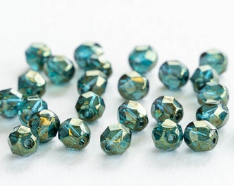 25 - 6mm Round Firepolished Bead - Czech Glass Beads - Deep Teal with a Luster Finish - 25 Beads