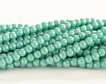 100 - 4mm Round Glass Beads For Jewelry Making - Czech Glass Beads  - Opaque Turquoise Luster - 100 Beads