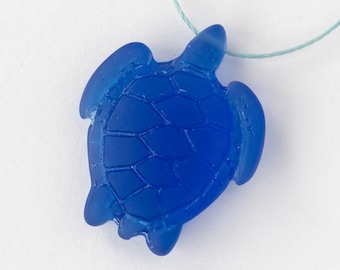 Cultured Sea Glass Turtle Pendant Beads For Jewelry Making  - 35mm Large Turtle Pendant - Frosted Glass Beads - Cobalt Blue - 2 Turtles