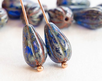 10 - 8x13mm Melon Drops Beads For Jewelry Making - Cobalt Blue with a Light Picasso Finish - Czech Glass Beads - 10 Beads