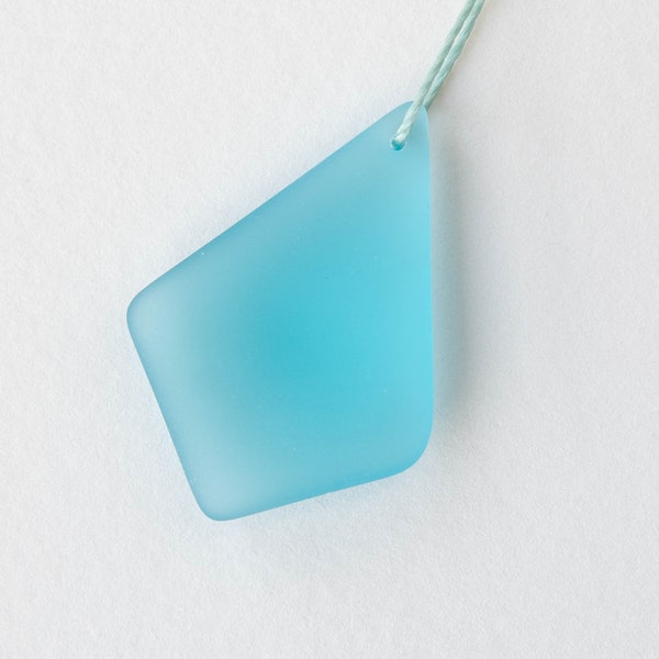 Large Sea Glass Pendant Beads For Jewelry Making - Recycled Frosted Glass Beads  36mm Diamond Pendant - Light Aqua