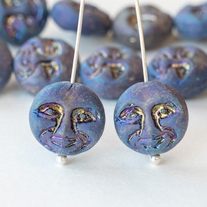 15 - 13mm Moon Face Beads - Man In The Moon Beads - Solstice Beads - Czech Glass Beads - Matte Blue Iris - 6 or 12 beads