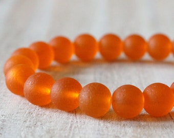 16 Inches - 8mm Round Sea Glass Beads For Jewelry Making Supply - Frosted Glass Beads - Recycled Glass Beads - Orange