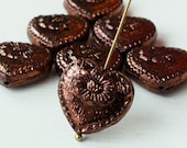 15 - Czech Glass Victorian Heart Bead For Jewelry Making - Czech Glass Beads - 17mm - Shiny Metallic Bronze - 15 beads