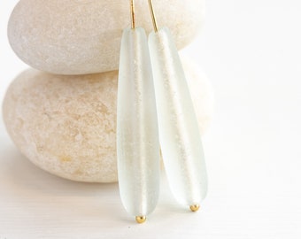 Long Cultured Sea Glass Teardrop Beads - Sea Glass Beads - Frosted Glass Beads - Light Coke - 38x8mm - 10 drops