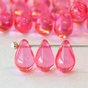 6x9mm Teardrop Beads - Czech Glass Beads - Smooth Glass Tear Drop Beads - Pink Rose - 30 or 60 Beads