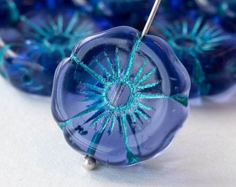 20mm Large Czech Flower Beads - Czech Glass Beads - Hawaiian Flower Bead - Transparent Blue with Aqua Wash - 4 or 12 beads