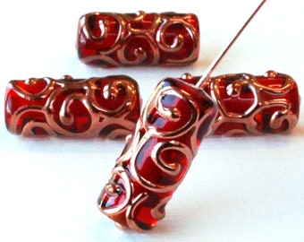 Handmade Glass Beads - Czech Lampwork Beads - Czech Glass Beads For Jewelry Making  - 20x8mm Tube - Red - Choose Amount