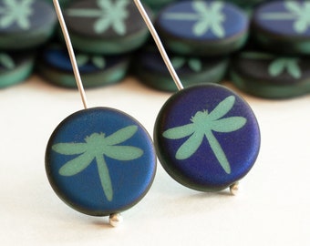 16mm Dragonfly Coin Bead - Czech Glass Beads -  Opaque Aqua and Purple Matte - 8 beads