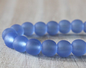 16 Inches - 8mm Round Sea Glass Beads For Jewelry Making Supply - Frosted Glass Beads - Recycled Glass Beads - Sapphire Blue