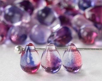 75 - 7x5mm Teardrop Beads 5x7mm - Czech Glass Beads - Transparent Purple Pink Mix - 75 Beads - Smooth Briolette Beads