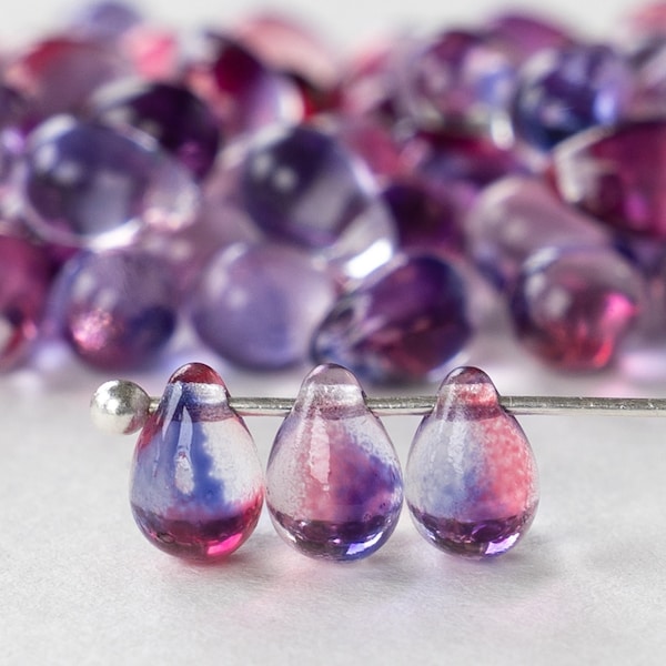 75 - 7x5mm Teardrop Beads 5x7mm - Czech Glass Beads - Transparent Purple Pink Mix - 75 Beads - Smooth Briolette Beads