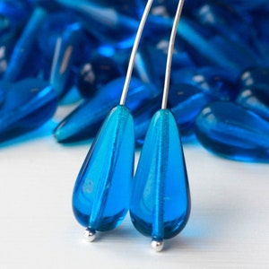 20 - 9x20mm Long Drilled Glass Teardrop Beads - Czech Glass Beads - Capri Blue - 10 or 20 Beads