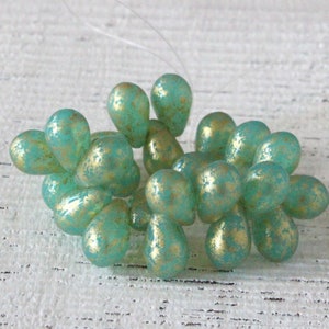 6x9mm Smooth Glass Teardrop Beads For Jewelry Making - Czech Glass Tear Drop - Seafoam With Gold Dust  (25 pieces) - Smooth Briolette Beads