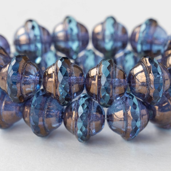 12 - 10x12mm Saturn Beads - Czech Glass Beads - Light Blue with Bronze - 12 Beads