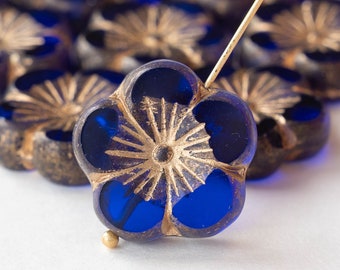 21mm Large Czech Flower Beads For Jewelry - Czech Glass Beads - Hawaiian Flower Bead - Cobalt Blue with Gold  Wash - 2 or 6