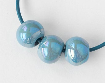 16mm Glazed Ceramic Round Beads -  Iridescent Light Blue