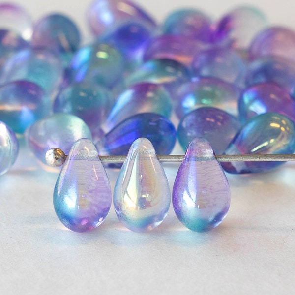 6x9mm Glass  Teardrop Beads - Czech Glass Beads  - Light Lavender Blue Luster - 50 Beads