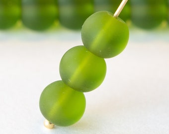 16 Inches - 8mm Round Sea Glass Beads For Jewelry Making  Recycled Glass Beads - Frosted Glass Beads - Lime