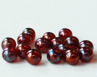 25 - 8mm Round Beads - Czech Glass Beads - Pressed Glass Beads - 8mm Druk Beads - Red Oil Slick - 25 beads