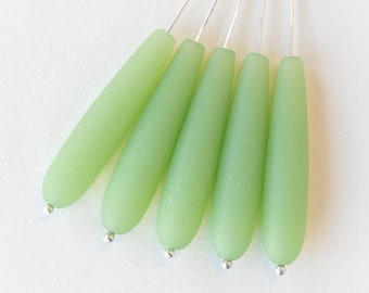 10 -  Long Teardrops - Cultured Seaglass Beads - Jewelry Making Supplies - Frosted Glass Beads - 38x8mm Teardrop - Opaque Mint Green