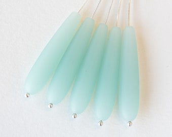 10 - 38x8mm Cultured Sea Glass Beads Long Drill Teardrop Beads For Jewelry Making Jewelry - Aqua Frosted Beads - 8x38mm - Choose Amount