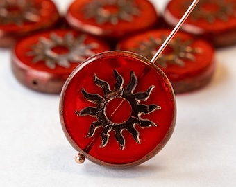 22mm Table Cut Sun Coin Beads - Czech Glass Beads - Fiery Orange Red with a Bronze finish -  1 Bead