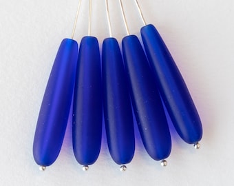 10 Lágrimas de 38 x 8 mm - Cuentas largas de vidrio marino en forma de lágrima - Cuentas de vidrio esmerilado - Azul cobalto mate - 8 x 38 mm