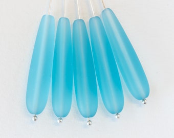 10 Teardrops - Sea Glass Beads - Aqua - Long Drill Teardrop Beads For Jewelry Making Jewelry - Frosted Beads - Recycled Glass Beads - 38x8mm