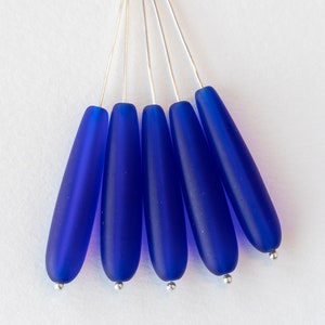 10 Teardrops - Long Sea Glass Teardrop Beads - Frosted Glass Beads - Matte Cobalt Blue - 8x38mm