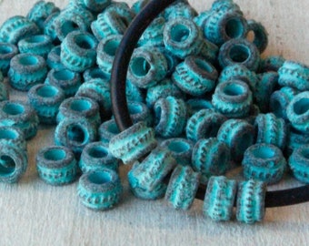 Mykonos Green Patina Spacer Beads - Tiny Tube Beads -  Green Patina Bali Style Beads - 5mm Tube - Greek Beads - Choose Amount