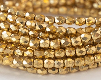 4mm Round Firepolished Glass Beads - Czech Glass Beads - Shiny Gold Finish - 50 Beads