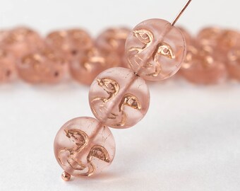 15 - 13mm Moon Face Beads - Man In The Moon Beads - Solstice Beads - Czech Glass Beads - Matte Peach with Copper - 15 beads