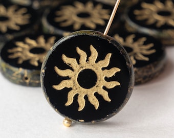 22mm Sun Coin Beads - Czech Glass Beads - 22mm Coin Beads - Black with Gold Wash - 1 Bead