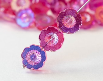 14mm Glass Flower Beads - Czech Glass Beads - Pink AB - 10 Beads