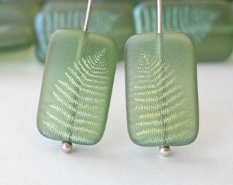 4 - 19mm Rectangle Beads -  Green Fern Leaf - 4 Beads