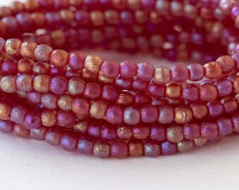 50 - 3mm Round Glass Beads - Czech Glass Beads - Etched Magenta Pink AB - 50 Beads