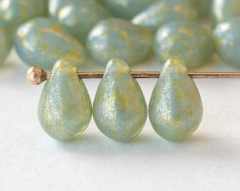 30 - 6x9mm Glass Teardrop Beads - Opal Seafoam with Gold Dust - 30 Beads