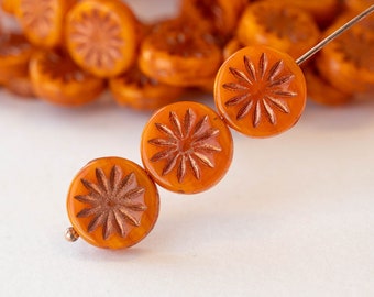 6 - 12mm Czech Glass Coin Beads - Sun Coin - Czech Glass Beads - Orange with Copper Wash - 6 beads