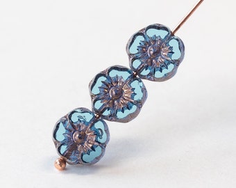 9mm Glass Flower Beads - Czech Glass Beads - Pale Transparent Blue with Copper Wash - 12 beads