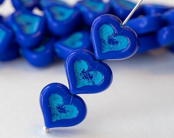 10 - 14mm Glass Heart Beads - Czech Glass Beads - 14mm Heart -   Opaque Blue with an Aqua Blue Wash - 10 beads