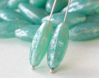 19mm Long Tapered Tube - Glass Barrel Beads - Glass Tube Beads - Seafoam  with Silver Dust - 10 beads