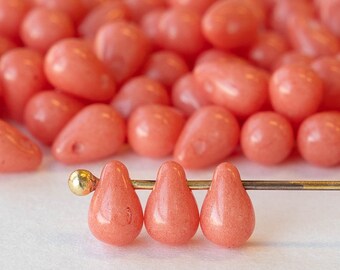 4x6mm Glass Teardrop Beads - Czech Glass Beads - Opaque Pink Coral - 100 Beads