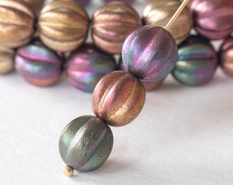 15 - 12mm Melon Beads - Fluted Round Beads - 12mm Round Glass Beads - Czech Glass Beads - Metallic Bronze Iris Matte - 15