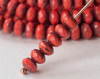 3x5mm Rondelle Beads - Czech Glass Beads - Coral Red With Picasso Finish  (30 beads)