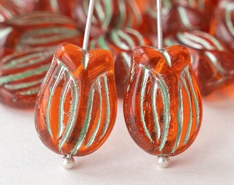 16mm Tulip Flower Beads - Lily Beads - Czech Glass Beads - Transparent Orange with Light Green Wash   - 10 or 30 beads