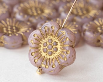 18mm Czech Flower Beads Anemone Beads - Czech Glass Beads  Hawaiian Flower - Pink Opaline with Gold Wash - 10 or 30