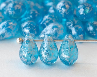 6x9mm Glass Teardrop Beads For Jewelry Making - Czech Glass Beads - Lt Aqua Blue Silver Dust  (50 pieces)