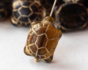 Glass Turtle Beads - Czech Glass Beads - Smokey Topaz with Gold Wash - 6 beads
